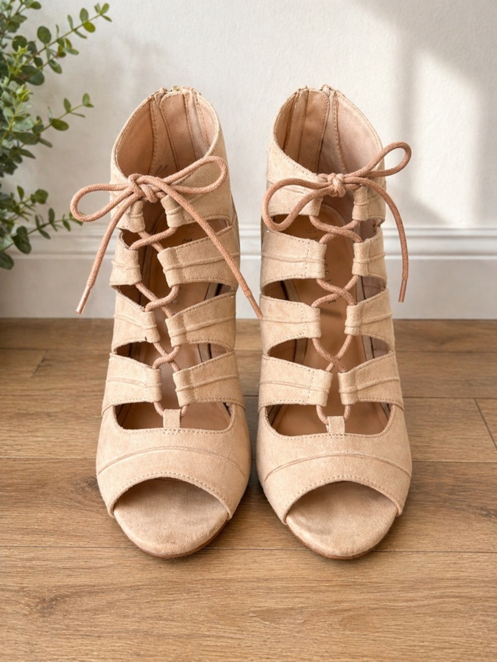 Kelly & Katie Nude Lace-Up Cage Heels | Open Toe Stiletto | Size 8.5